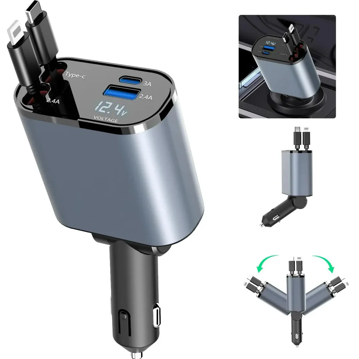 Stylish 4 in 1 Fast Car Charger - Type C, iPhone Type, USB-A, USB-C Ports - Premium Quality