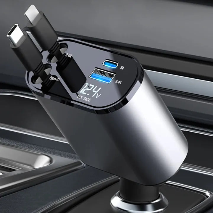 Stylish 4 in 1 Fast Car Charger - Type C, iPhone Type, USB-A, USB-C Ports - Premium Quality