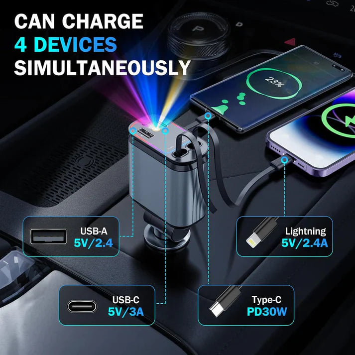 4-in-1 Fast Car Charger with Star Light- Type C, iPhone Type, USB-A, USB-C - Premium Quality