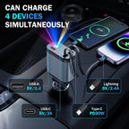4-in-1 Fast Car Charger with Star Light- Type C, iPhone Type, USB-A, USB-C - Premium Quality