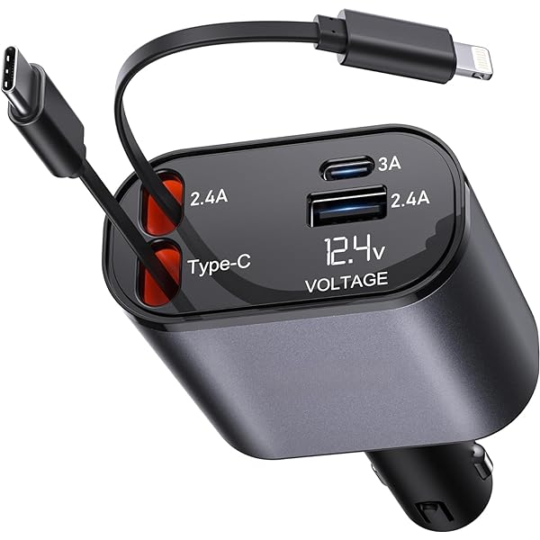 Stylish 4 in 1 Fast Car Charger - Type C, iPhone Type, USB-A, USB-C Ports - Premium Quality