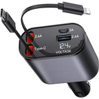 Stylish 4 in 1 Fast Car Charger - Type C, iPhone Type, USB-A, USB-C Ports - Premium Quality