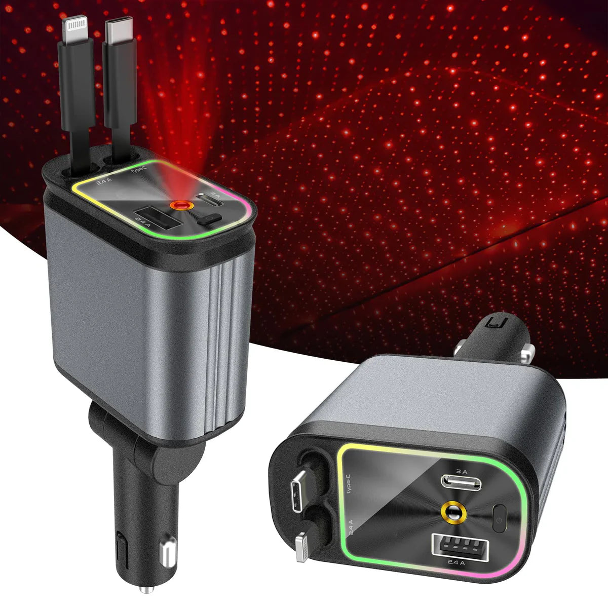 4-in-1 Fast Car Charger with Star Light- Type C, iPhone Type, USB-A, USB-C - Premium Quality