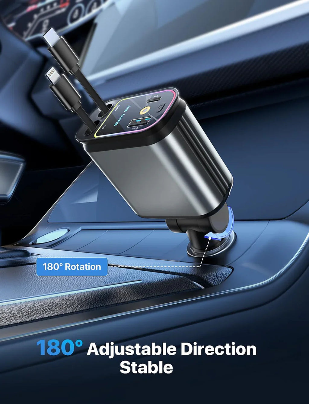 4-in-1 Fast Car Charger with Star Light- Type C, iPhone Type, USB-A, USB-C - Premium Quality