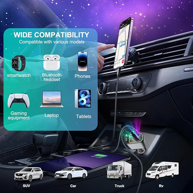 4-in-1 Fast Car Charger with Star Light- Type C, iPhone Type, USB-A, USB-C - Premium Quality