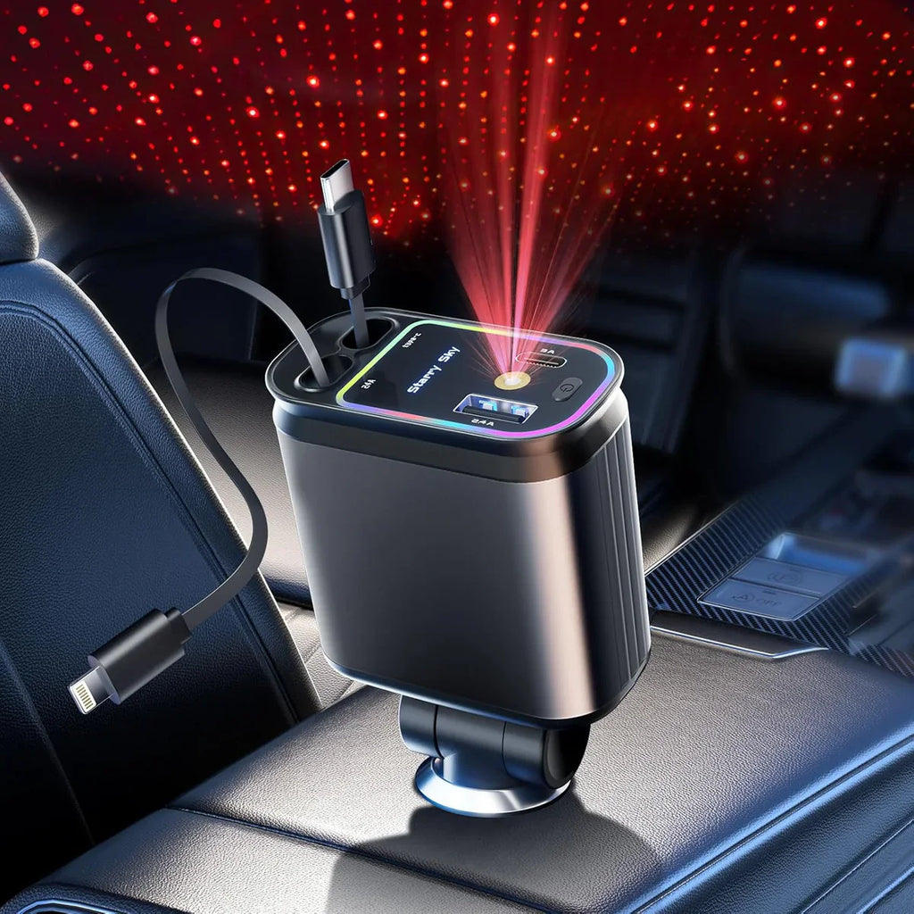 4-in-1 Fast Car Charger with Star Light- Type C, iPhone Type, USB-A, USB-C - Premium Quality