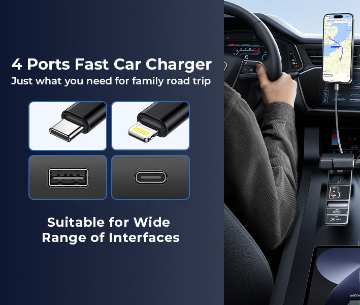 Stylish 4 in 1 Fast Car Charger - Type C, iPhone Type, USB-A, USB-C Ports - Premium Quality