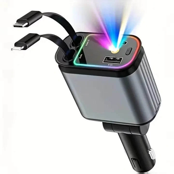 4-in-1 Fast Car Charger with Star Light- Type C, iPhone Type, USB-A, USB-C - Premium Quality