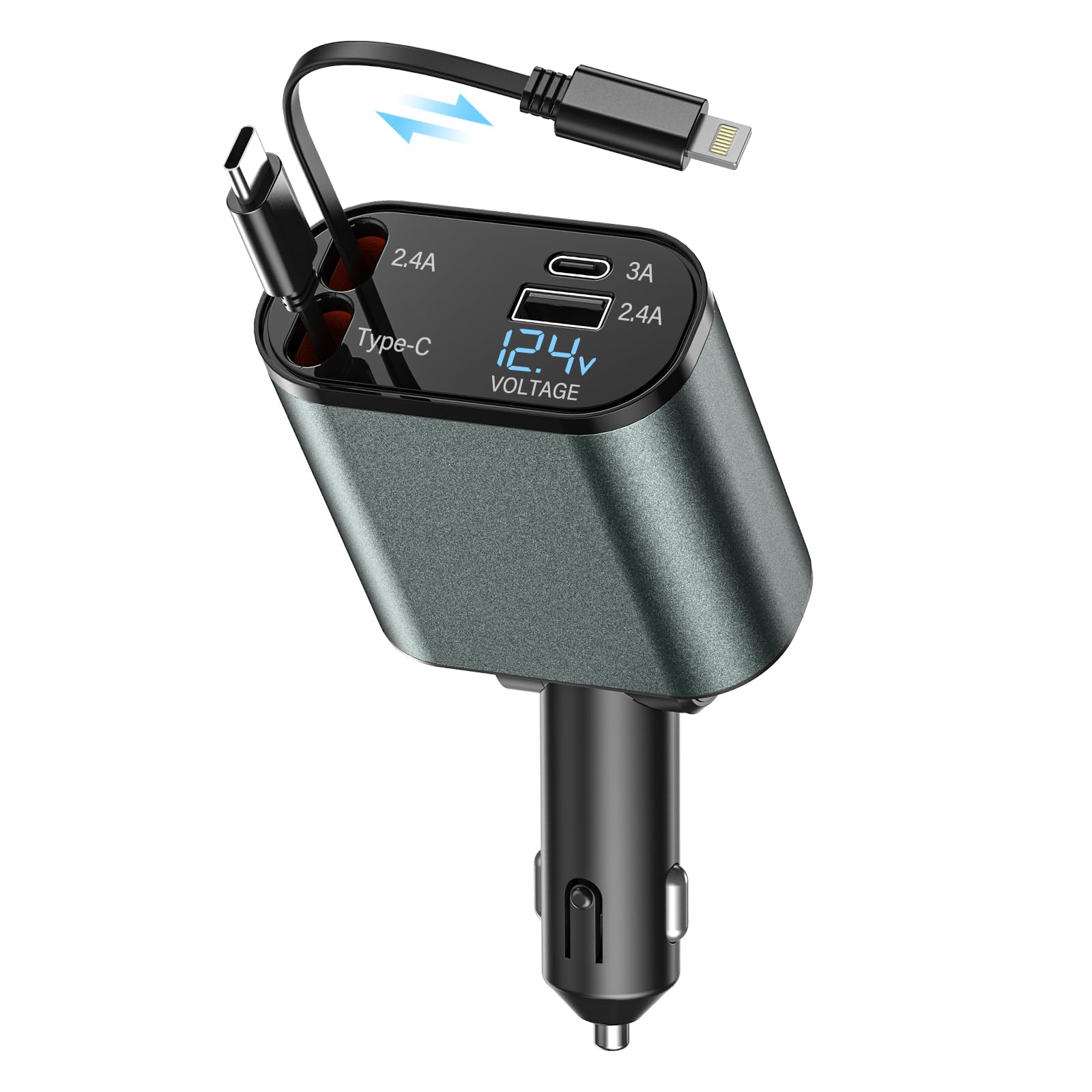 Stylish 4 in 1 Fast Car Charger - Type C, iPhone Type, USB-A, USB-C Ports - Premium Quality